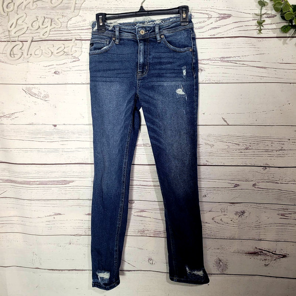 KanCan Denim - KanCan Blue Denim High Rise Boyfriend Ripped Hem Distressed Jeans Womans Size 23